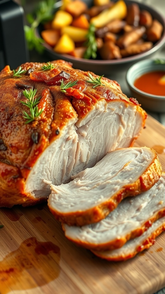 Crispy Air Fryer Pork Shoulder Roast Crispy air fryer pork shoulder roast sliced, garnished with herbs, served with roasted vegetables.